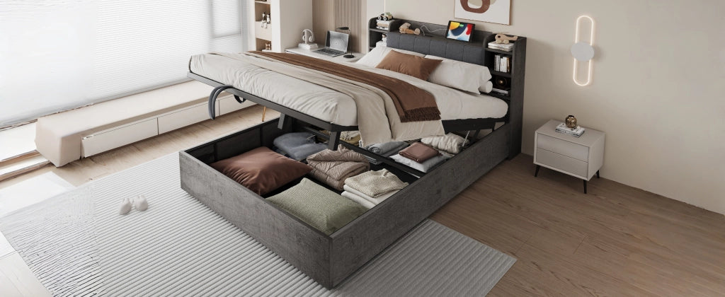 DESMIU Letto contenitore 180 × 200 cm 2 posti con vano idraulico, USB, Type-C e ripiani, senza materasso, in MDF, grigio