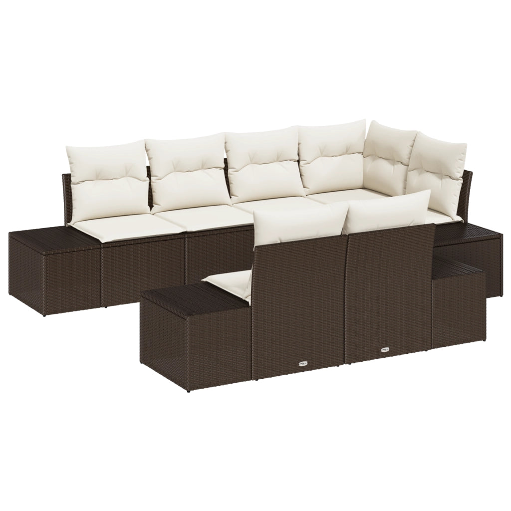 Set Divano da Giardino da 7 Pezzi con Cuscini Marrone Rattan Polimerico