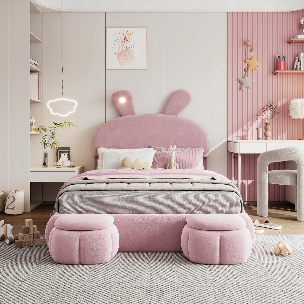 Letto 140x200 - Xylo - Orecchie coniglio LED velluto rosa