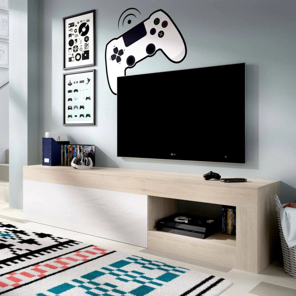 Mobile porta TV Animeli, Credenza bassa da soggiorno, Madia da salotto per televisione, 204x42h48 cm, Rovere e Bianco