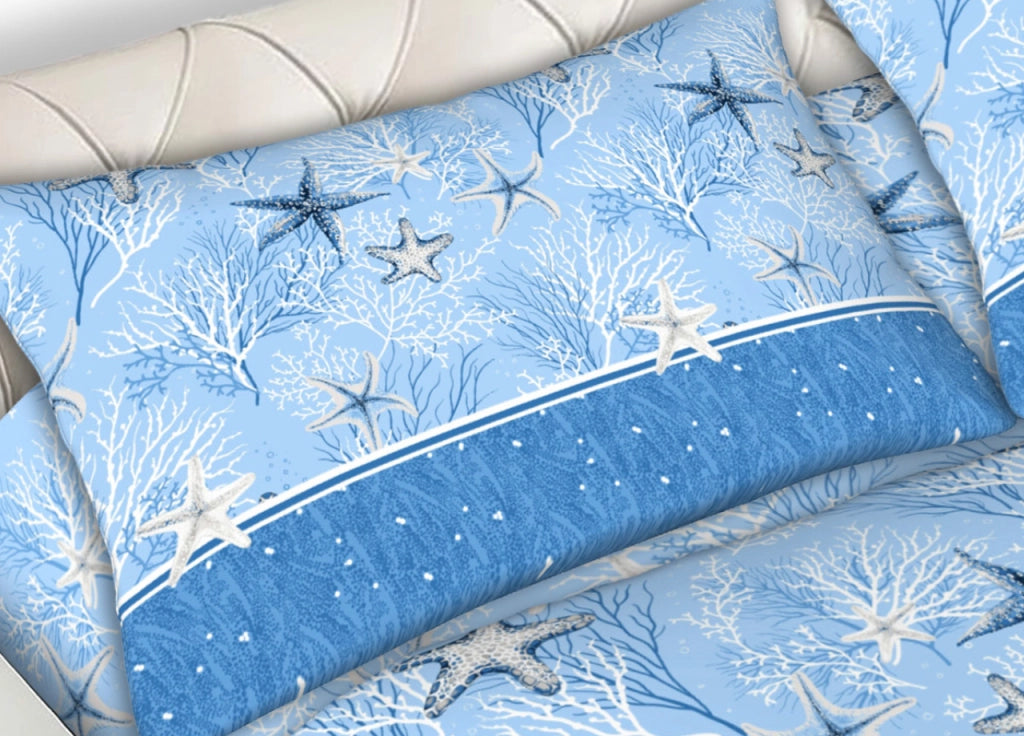 Completo Lenzuola Matrimoniale 100% Cotone Made Italy Disegno Starfish CN - 1 Piazza e Mezza - Starfish