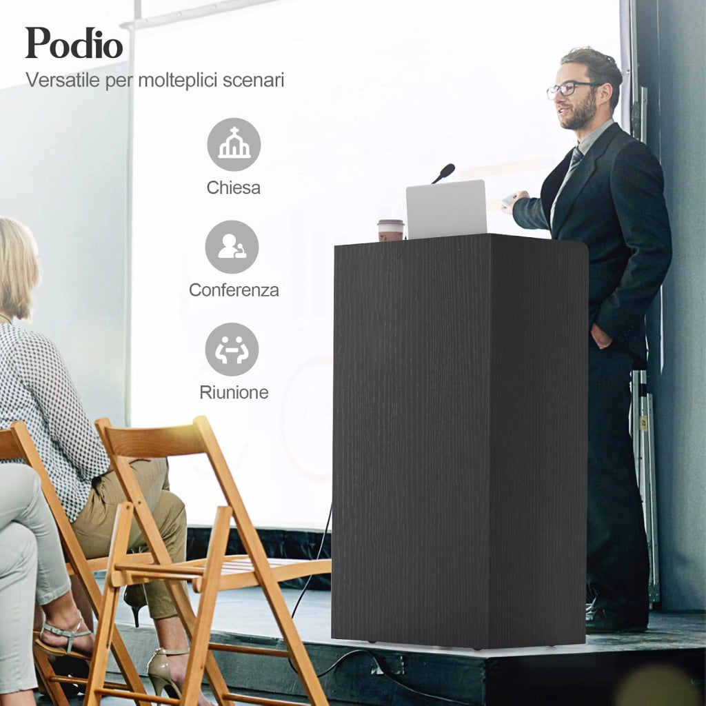 COSTWAY Podio per Conferenza, Leggio in Legno Massello con 2 Ripiani e Ruote Universali e Bloccabili, Podio in Piedi per Chiesa, Ufficio e Scuola, 57,5 x 37 x 105 cm (Nero)