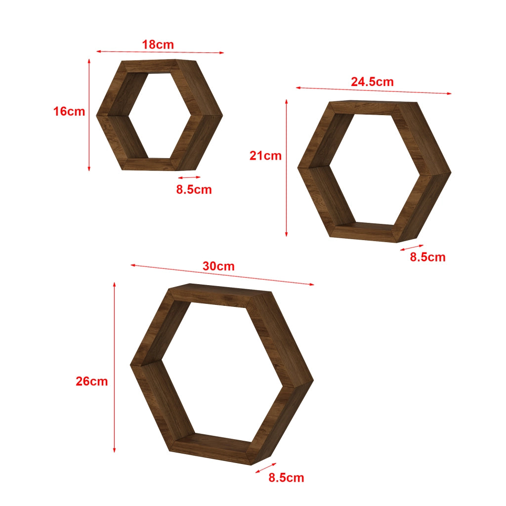 Set 'Stubbekøbing' di 3 Mensole da Muro in Misure Diverse Mensole in Legno di Pino Forma Esagonale - Legno Scuro