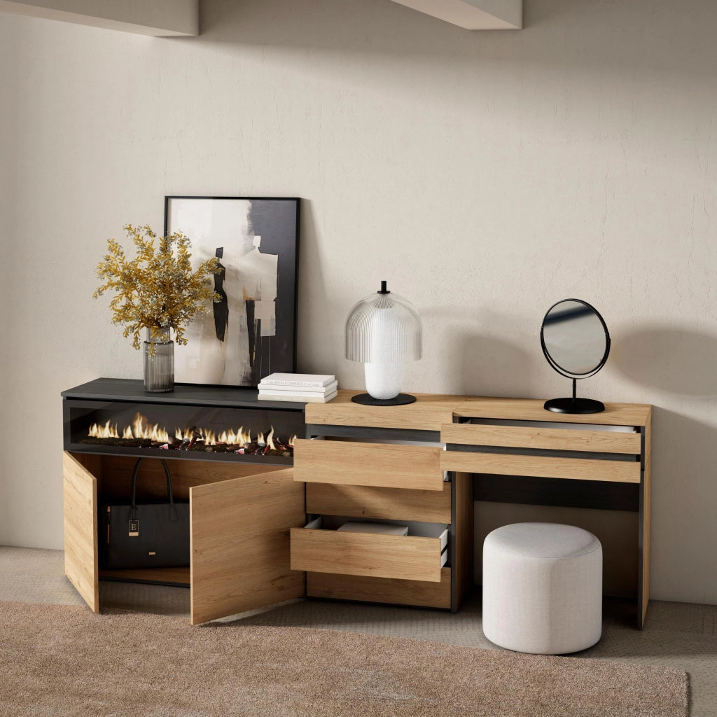 Credenza, 227x35x75cm, Camera da letto, Camino elettrico, Cassettiera, Tavolo da toeletta, colore Rovere RF3411