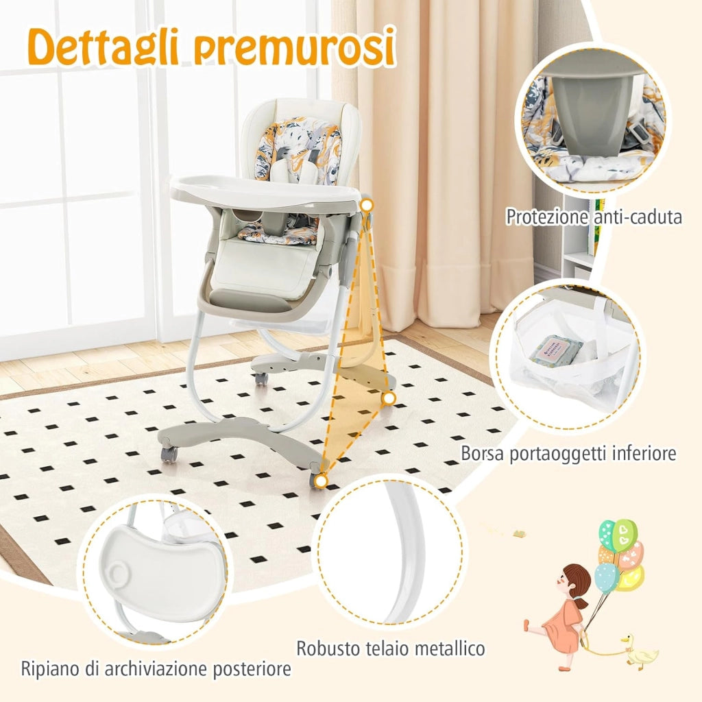 Seggiolone Pappa per Bambini e Neonati, Seggiolone Pieghevole Multifunzione con Ruote, Altezza Regolabile, Poggiapiedi e Schienale, Vassoio Rimovibile, per 6-36 Mesi (Bianco)