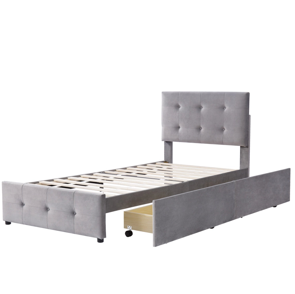 Letto imbottito 90x200 cm con testiera; 1 cassetto e rete a doghe; grigio