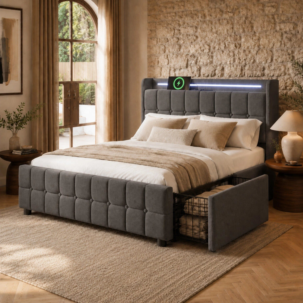 LETTO 160x200 cm Grigio in legno con 4 cassetti, LED, USB e prese