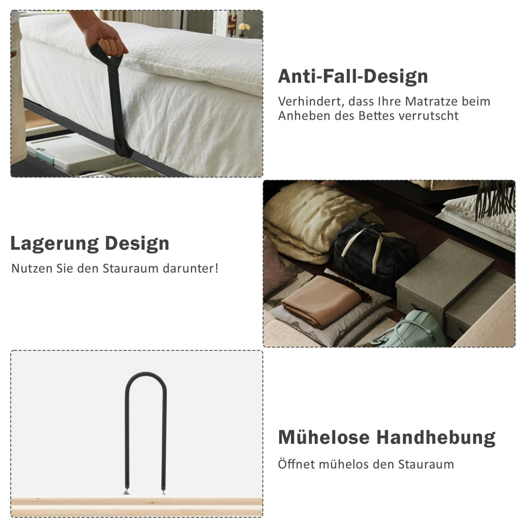 Letto matrimoniale 180x200 cm in tessuto corduroy beige e bianco con luce da lettura; USB e contenitore
