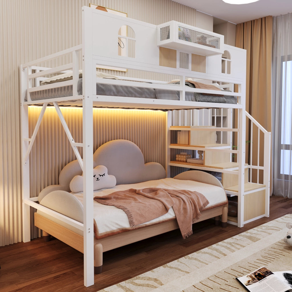 Letto a soppalco 90x200 cm con scala contenitore; finestra decorativa; mensola e LED; struttura in metallo bianco e legno
