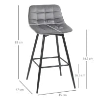 Set 2 Sgabelli Alti in Stile Nordico con Schienale e Poggiapiedi, Sgabelli con Schienale in Tessuto Effetto Velluto e Metallo, 45x47x88 cm, Grigio