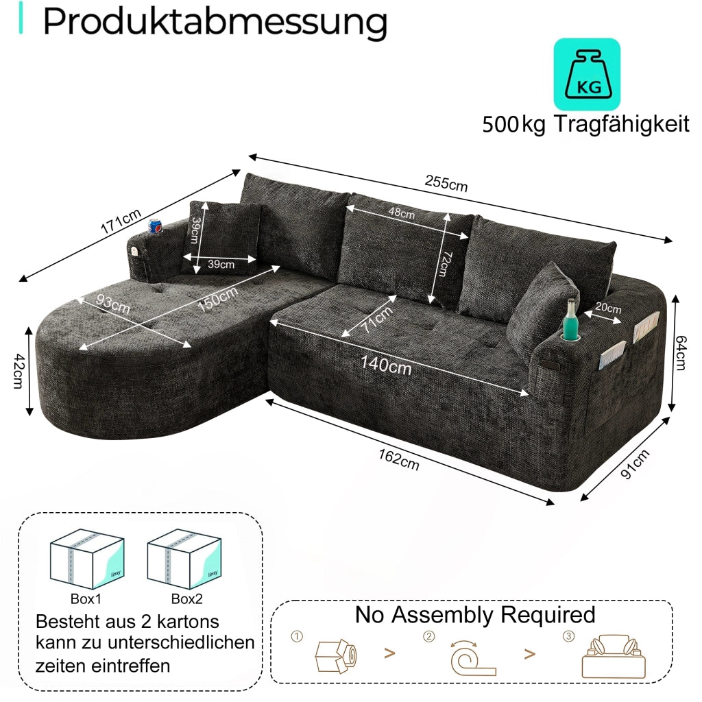 Divano angolare modulare L con portabicchieri in acciaio inox, tasche laterali e lino nero 255 × 170 × 67 cm