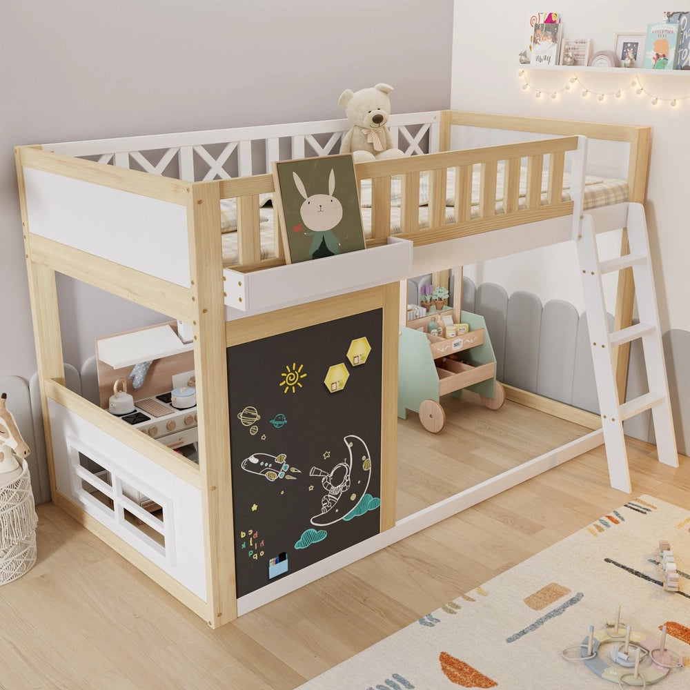Letto a Soppalco per Bambini con Cassetti e Rete a Doghe ¨C MINIMAL ¨C Pino e MDF, Bianco/Naturale, 90x200
