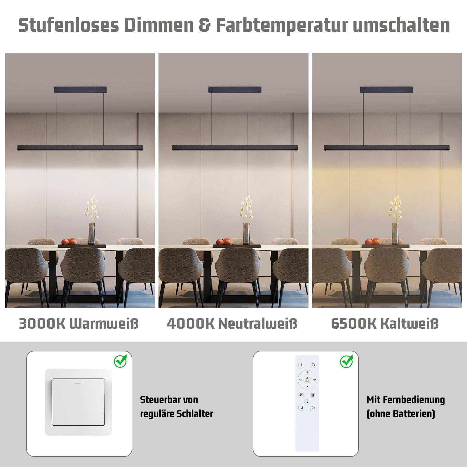 Lampada a sospensione ZMH sala da pranzo 148 CM lampada a sospensione lineare nera 37W dimmerabile cucina