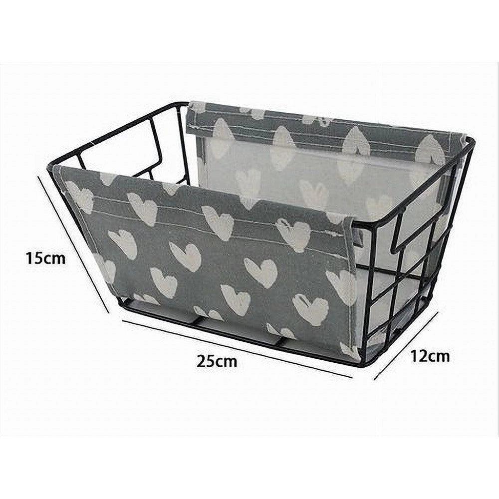 Trade Shop - Cesto Porta Oggetti In Ferro Tessuto Stampa A Cuori Con Manici 25x15x12 Cm 10615 -