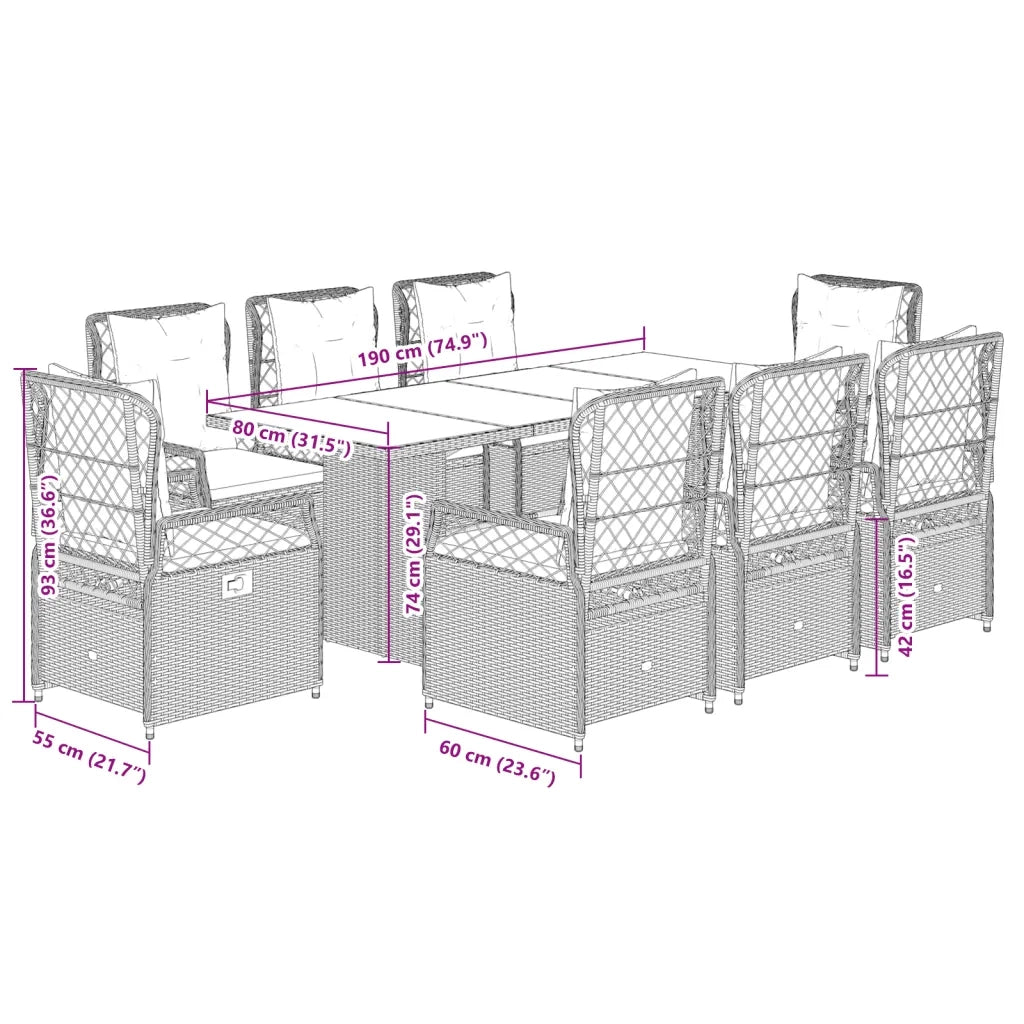 Set Pranzo da Giardino 9pz con Cuscini Grigio Chiaro Polyrattan