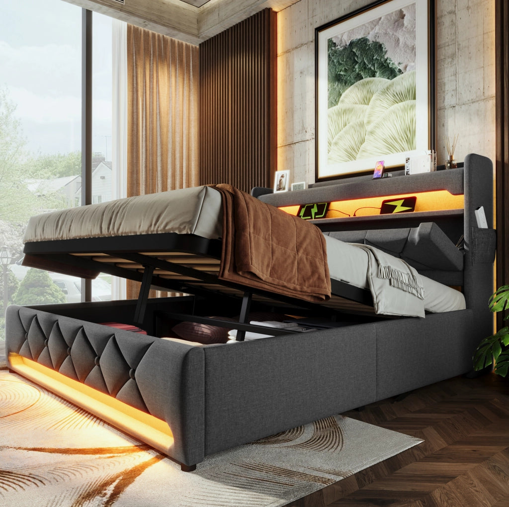 Letto matrimoniale 140x200 cm con contenitore idraulico; testiera con USB e Type-C; LED; grigio