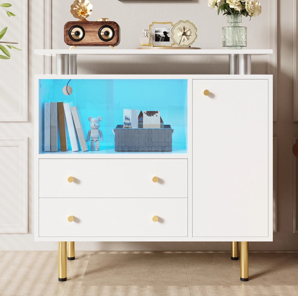 Mobile contenitore bianco con LED, vetro e piedi alti 80x35x80 cm