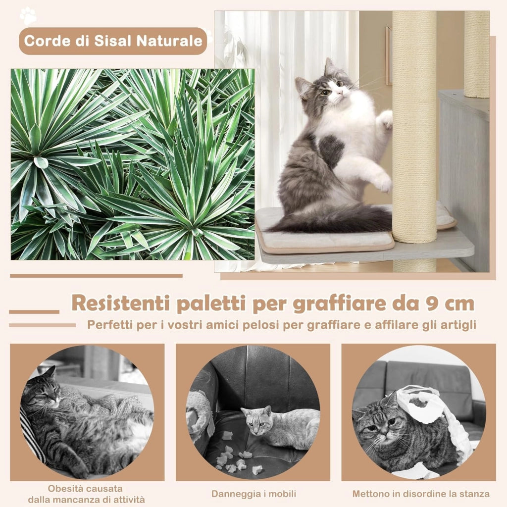 Albero Tiragraffi per Gatti 176 cm, Tiragraffi per Gatti con 2 Trespoli in Tessuto Felpato, Arco Massaggiante, Cuccia, Pali in Sisal e Tapettini Lavabili, Torre per Animali Domestici (Grigio)