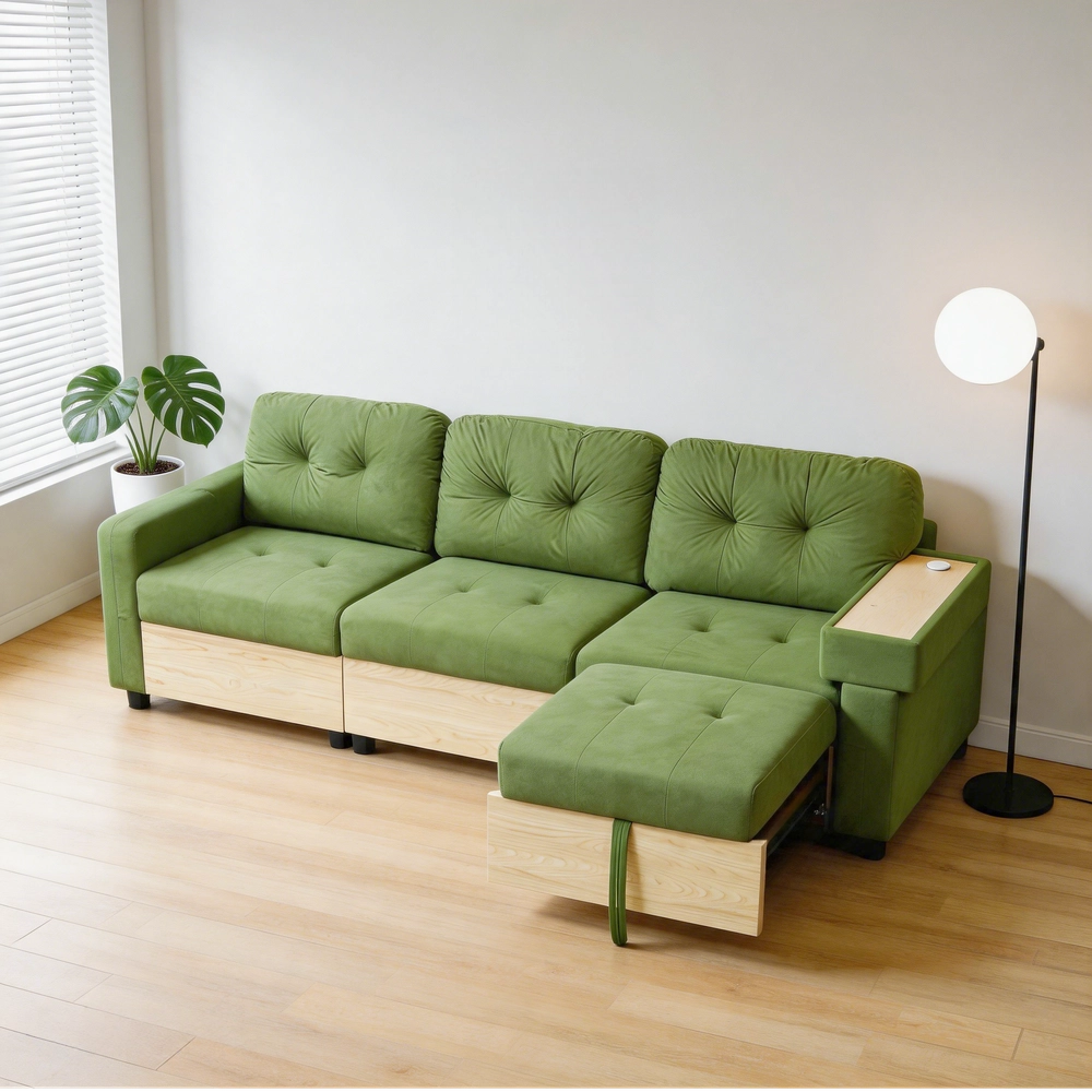Divano Angolare 3 Posti con Penisola Estraibile ¨C MINIMAL ¨C Velluto Verde, Contenitore, Braccioli in Legno