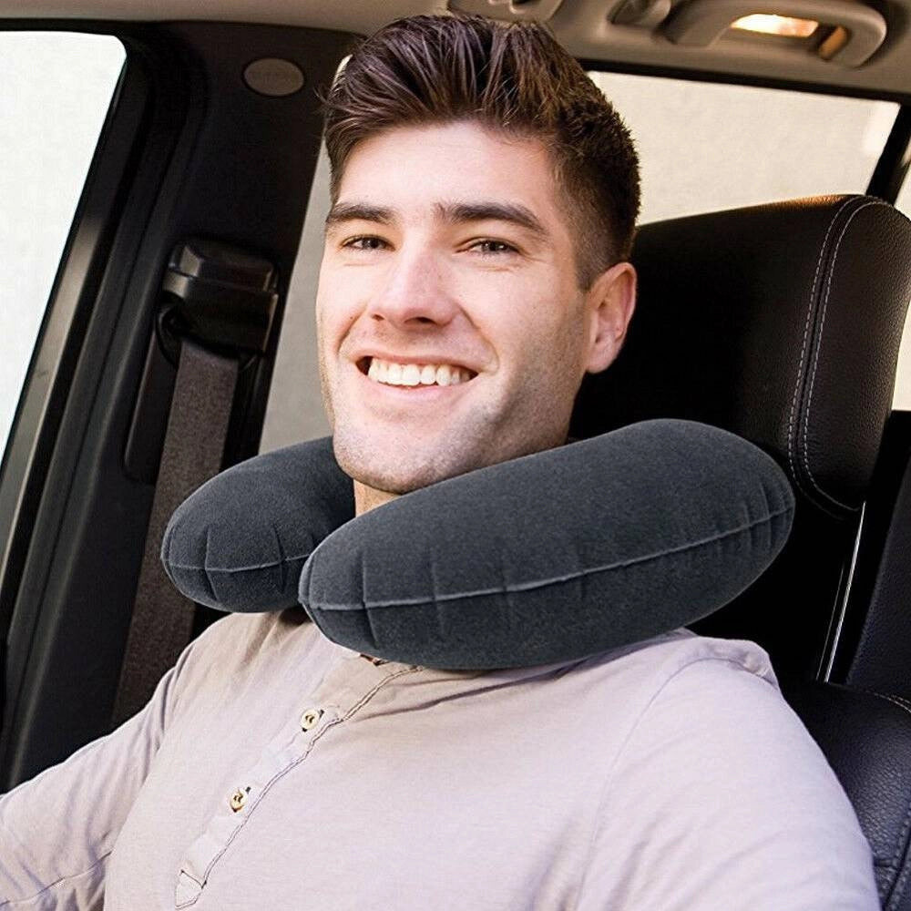 Trade Shop - Cuscino Da Viaggio Gonfiabile In Pvc Floccato Nero Treno Aereo Macchina -