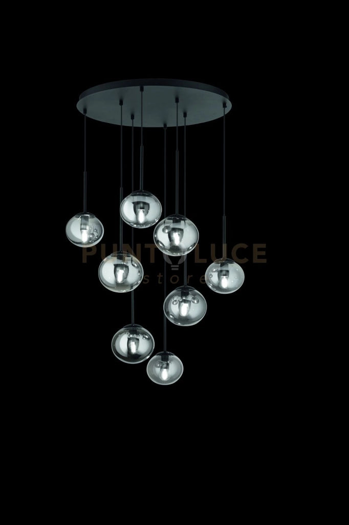 SOSPENSIONE JEWEL 8 LUCI NERO VETRO FUME' ATTACCO E14 VETRO D.15-17CM