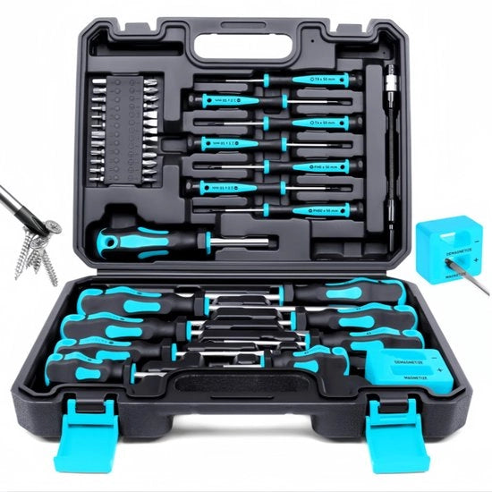 Set di chiavi a magnete da 43 pezzi (con scatola di conservazione), comprensivo di chiave piatta, chiave a croce, chiave a stella, Torx e chiave a precisione, con funzione di magnetizzazione e demagnetizzazione, attrezzi da uomo (blu).