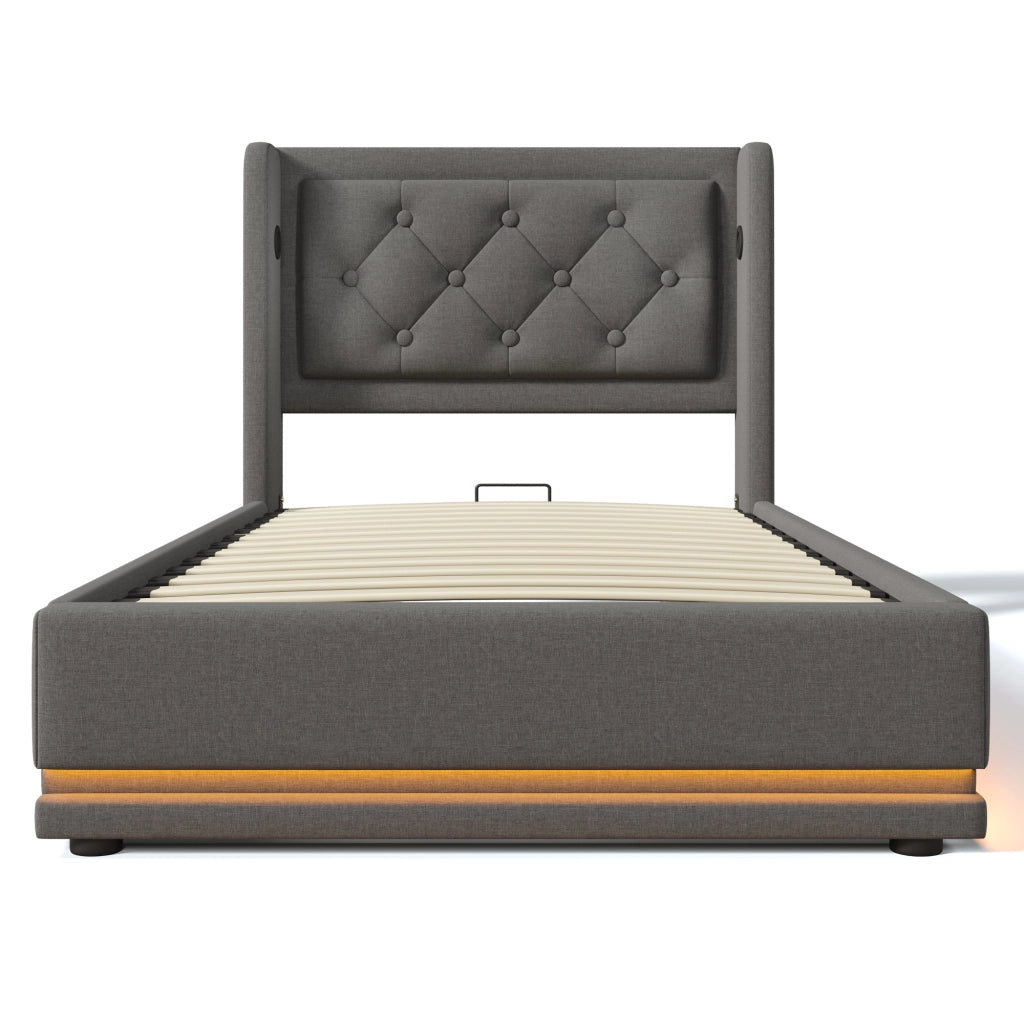 Letti contenitori 90x200 cm; con testiera trapuntata e ricarica USB Tipo C; cotone grigio (Senza materasso)