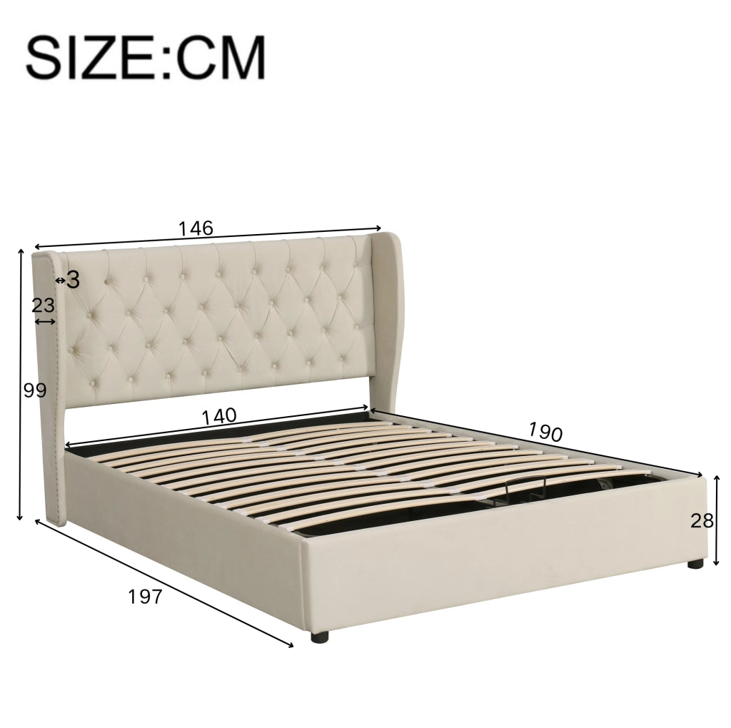 Letto matrimoniale imbottito con contenitore 140x190 cm in velluto beige