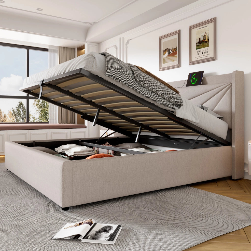 Letto matrimoniale con contenitore 180x200 cm in cotone e lino beige; con USB e Type-C