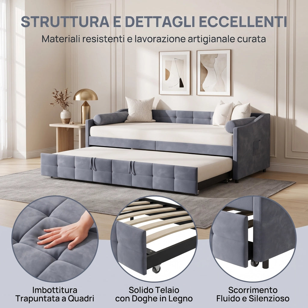 Divano letto matrimoniale 90x200cm;Estensibile in orizzontale;Non sollevabile;Velluto;Grigio