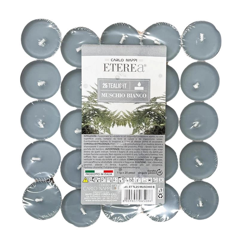 TEA LIGHT PROFUMATE AL MUSCHIO BIANCO IN CONFEZIONE DA 50 PEZZI