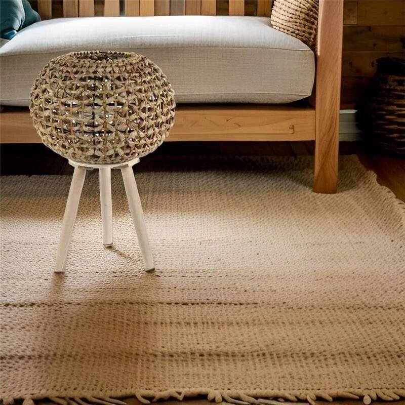 LANTERNA PORTACANDELA NATURALE TONDA STRUTTURA IN METALLO CON INTRECCIO IN BAMBÙ E BICCHIERE IN VETRO 26X34 CM