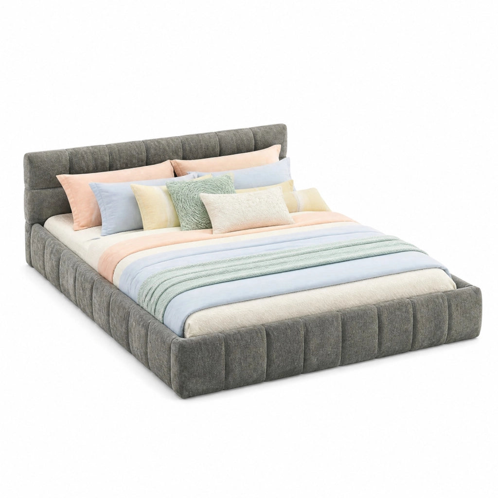 Letto matrimoniale 140x200 cm in chenille grigio scuro con struttura in legno di eucalipto e ferro