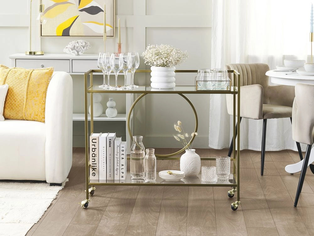 Carrello da Cucina Metallo dorato Vetro 75 x 45 cm Ruote Glamour Portaoggetti Aperto Due Piani Soggiorno