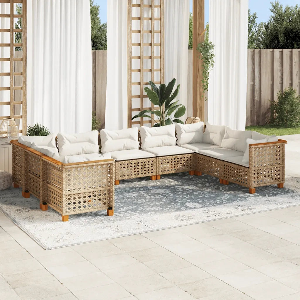 Set Divano da Giardino 9 pz con Cuscini Beige in Polyrattan