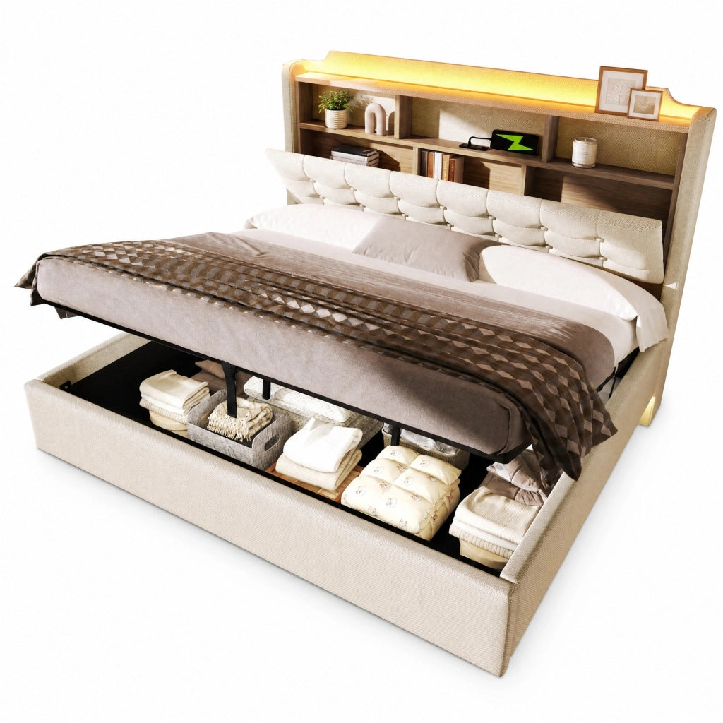Letto imbottito 180x200 cm in lino beige con LED; contenitore idraulico; USB e Type-C
