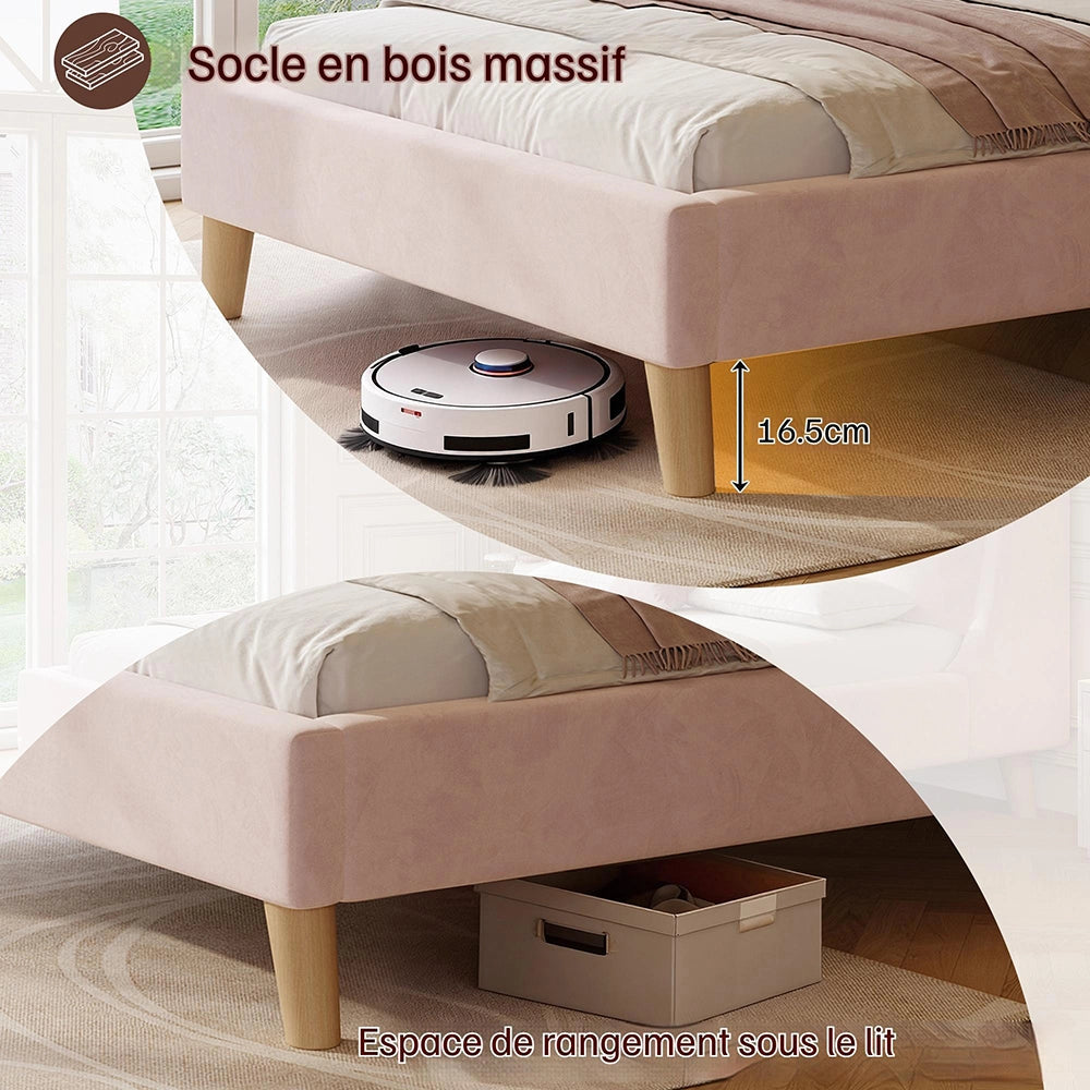 Letto imbottito-Xylo-90x200cm testiera velluto piedi legno massiccio rosa