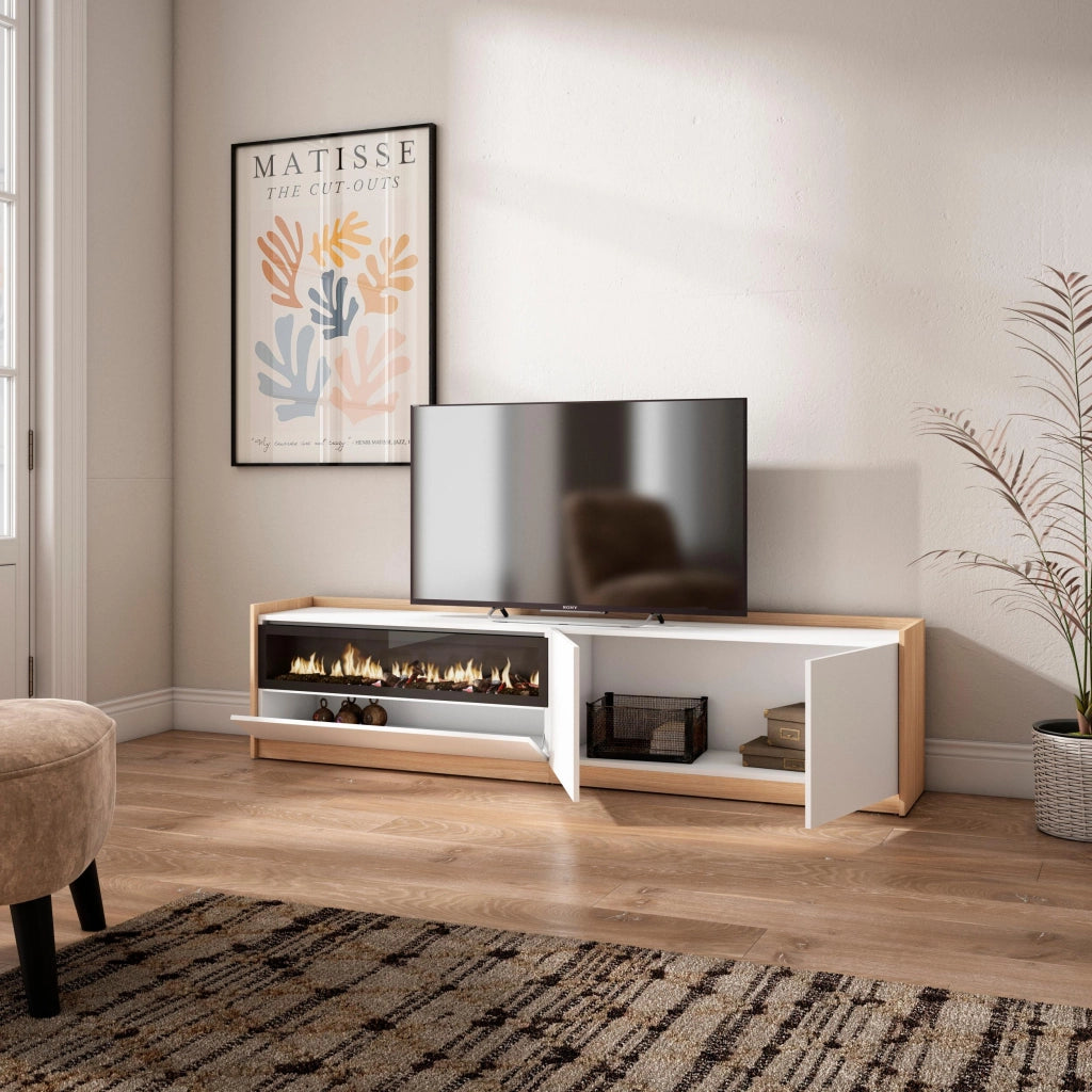 Mobile TV Soggiorno, 207x50x37 cm, Per TV fino a 80", Camino elettrico, Bianco e Rovere soft