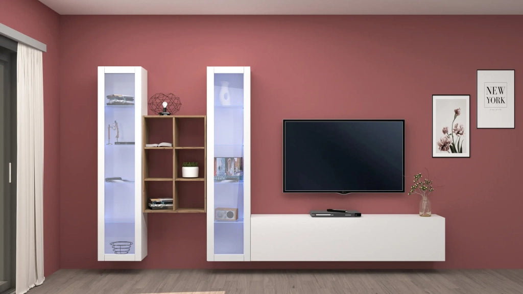 Parete attrezzata mobile TV bianco sospeso 2 vetrine libreria Yves WH