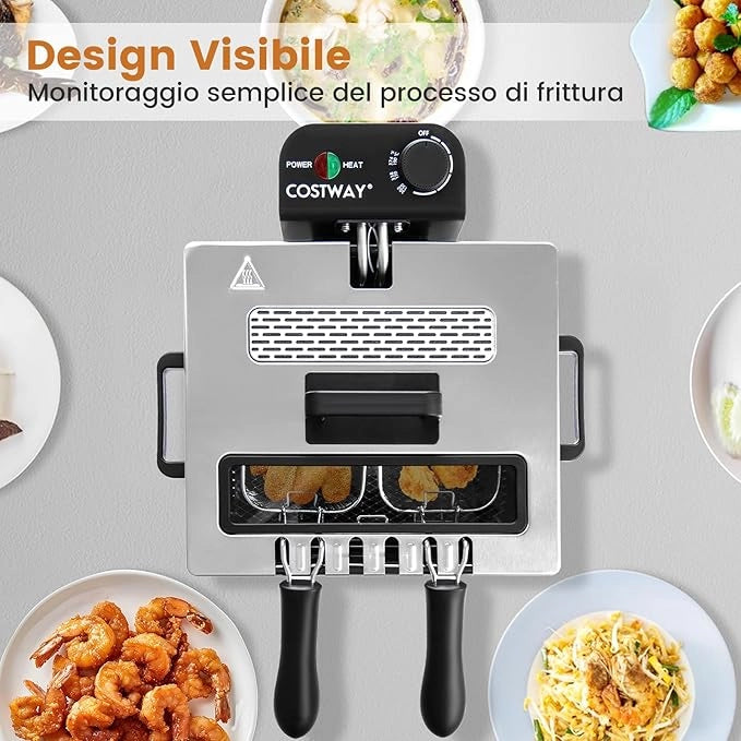2000W Friggitrice Elettrica in Acciaio Inox 5L, Friggitrice Olio con 3 Cestelli, Temperatura Regolabile Fino a 190 °C e Coperchio Visibile