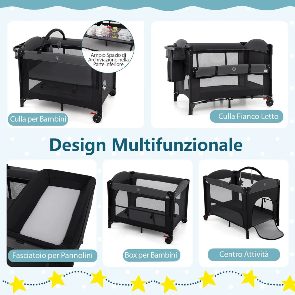 Lettino da Viaggio Pieghevole, Culla Portatile per Bambini, Lettino per Bambini con 4 Altezze Regolabili, Fasciatoio, Materasso, Box Bambini, per Bambini 0-3 Anni