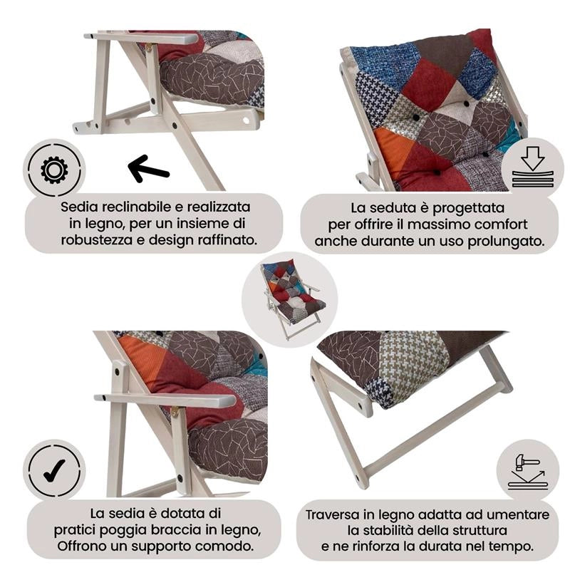MAURY'S POLTRONA RELAX MAURYTCHWORK COMODONA IN LEGNO 3 POSIZIONI CON CUSCINO IMBOTTITO