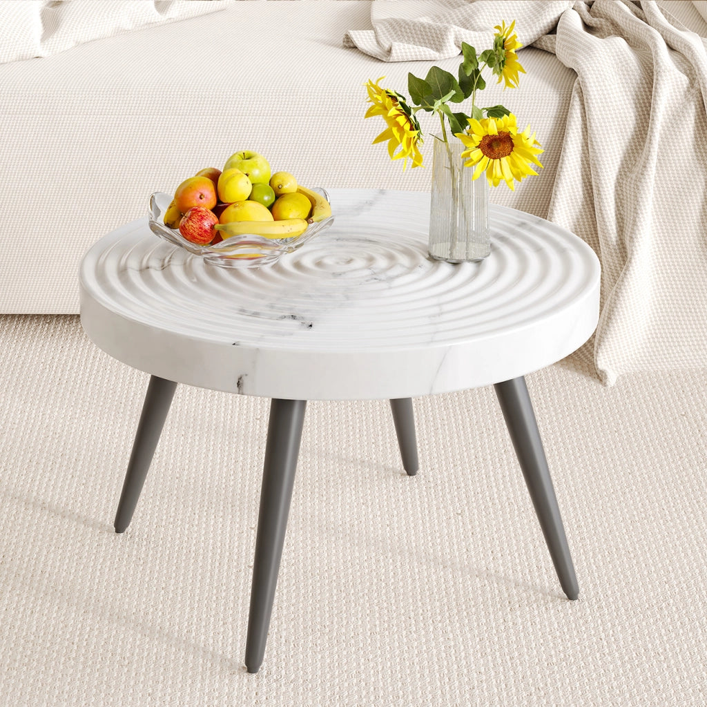 Tavolino da salotto rotondo con piano 5 cm in MDF effetto marmo; gambe in metallo regolabili; bianco; 73.99 × 73.61 × 22.5 cm