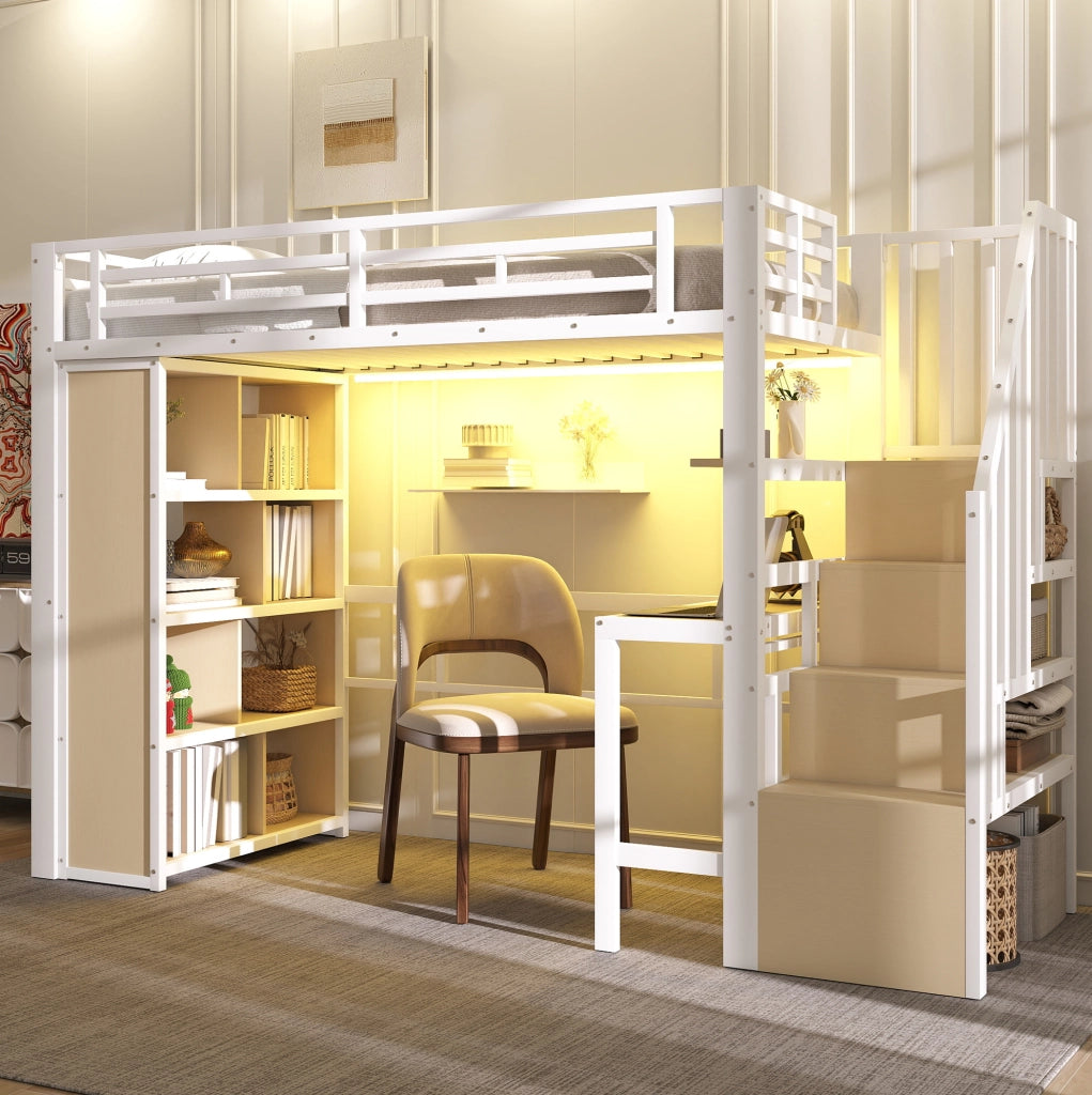 Letto a soppalco ULEVR 90x200 cm con scrivania, ripiani, gradini contenitore e barra LED regolabile, bianco