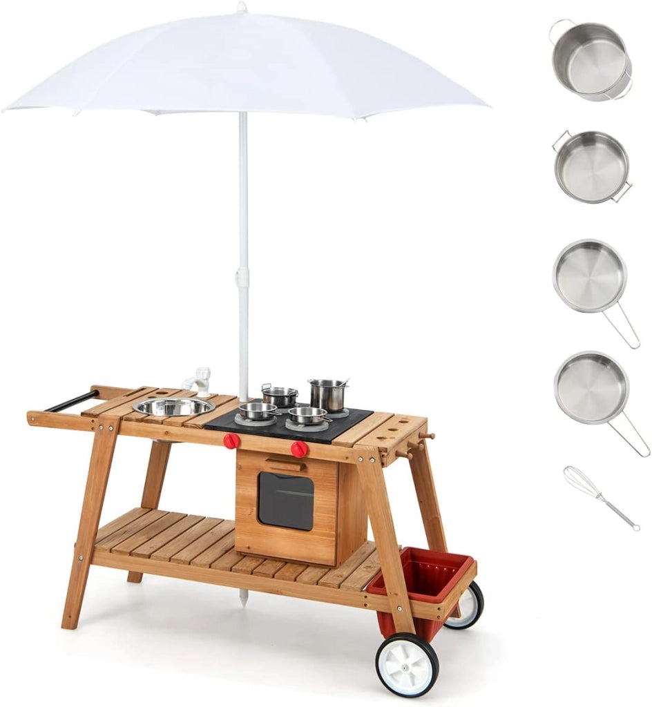 Cucina Giocattolo per Bambini, Cucina da Esterno in Legno con Ombrellone Antisolare e Ruote, Carretto con Stufa, Forno a Legna Simulato, Lavello e Utensili da Cucina, 3 Anni+ (Bianco)