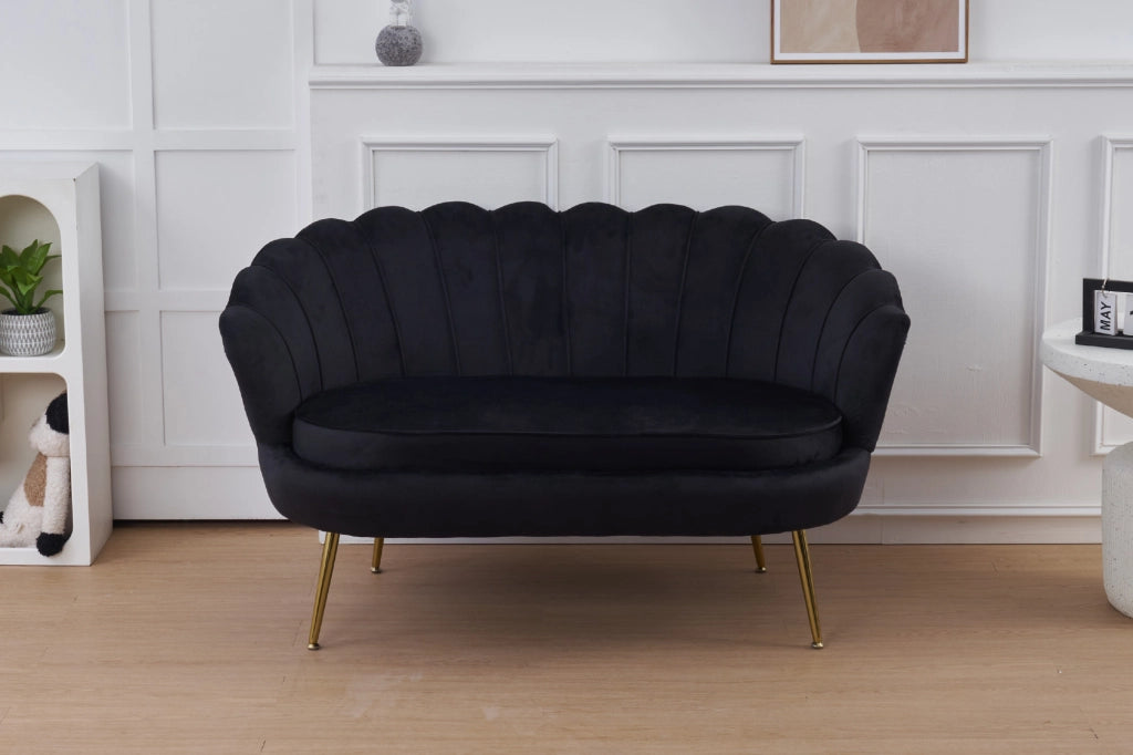 Divano Due 2 Posti In Velluto Forma Conchiglia Gambe In Metallo 133x63x75 Cm Camera Soggiorno Ufficio  Nero