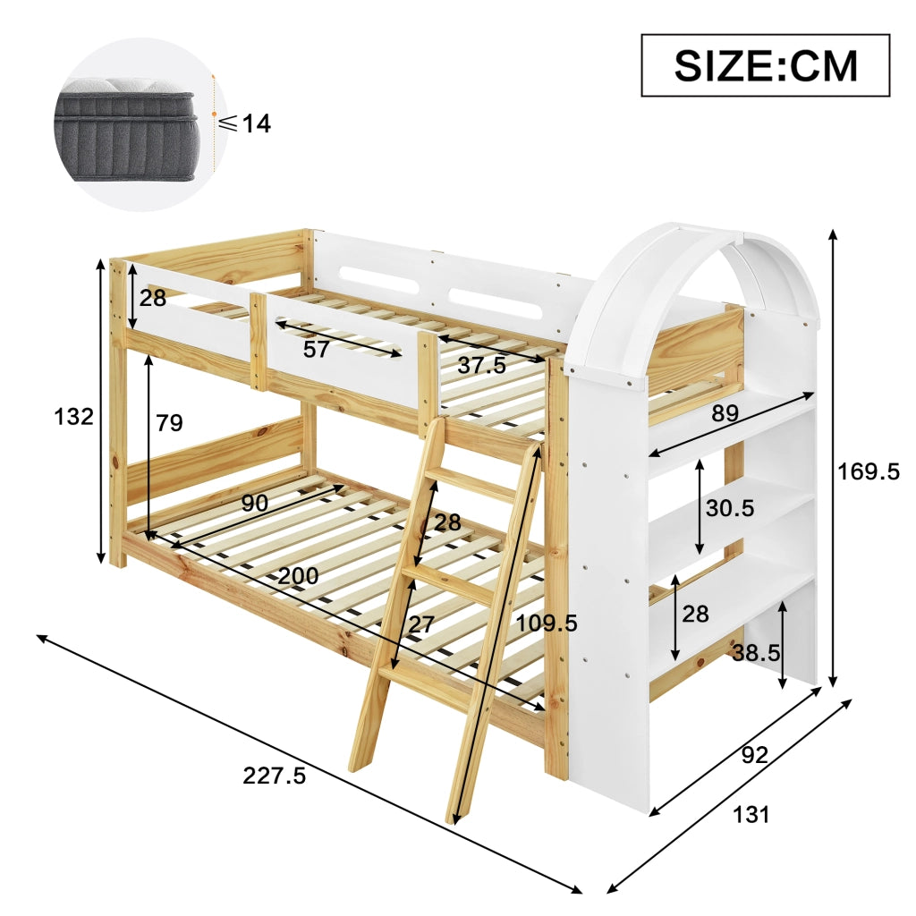 Letto a castello con scaffale a tre ripiani in legno massello e mdf bianco naturale 90x200 cm