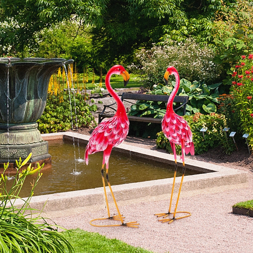 Statua scultura fenicottero da 2 pezzi con telaio in metallo, Fenicottero ornamentale per cortile giardino
