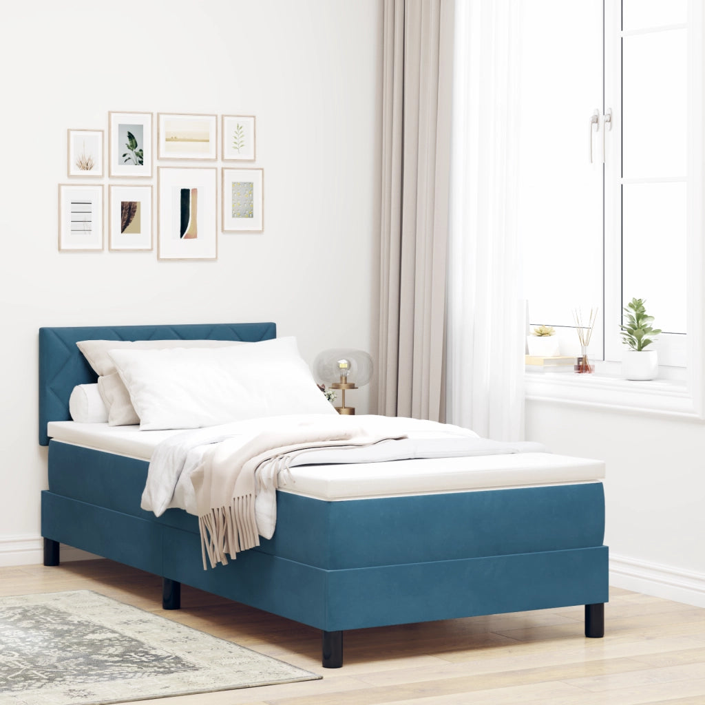 Letto Box Spring  con Materasso Blu Scuro Singolo in Velluto