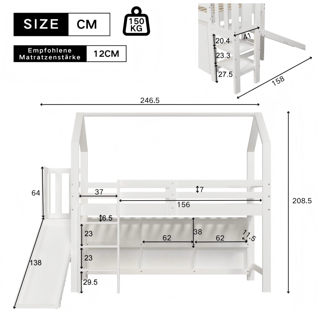 Letto singolo multifunzionale 90x200 cm con scivolo, vani e ripiani